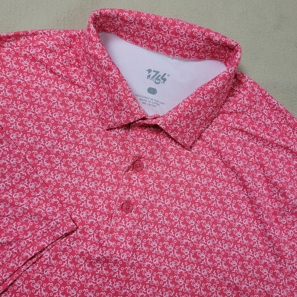 1764 Signature Mens Large Red All Over Bike Performance Stretch‎ Polo